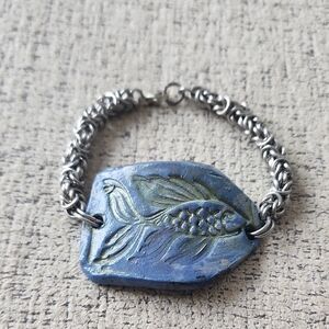 Handmade Vintage Ceramic And Chain Maille Silver and Blue Fish Bracelet Bangle